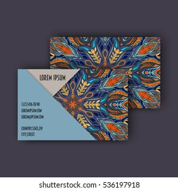 Vector vintage visiting card set. Floral mandala pattern and ornaments. Oriental design Layout. Islam, Arabic, Indian, ottoman motifs. Front page and back page.