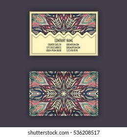Vector vintage visiting card set. Floral mandala pattern and ornaments. Oriental design Layout. Islam, Arabic, Indian, ottoman motifs. Front page and back page.