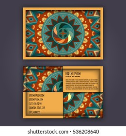 Vector vintage visiting card set. Floral mandala pattern and ornaments. Oriental design Layout. Islam, Arabic, Indian, ottoman motifs. Front page and back page.