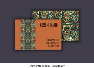 Vector vintage visiting card set. Floral mandala pattern and ornaments. Oriental design Layout. Islam, Arabic, Indian, ottoman motifs. Front page and back page.