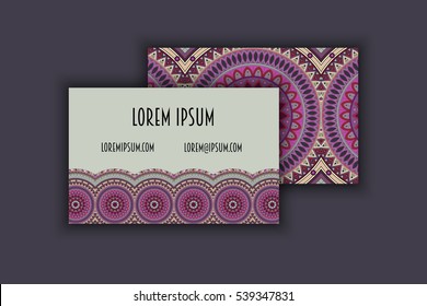 Vector vintage visiting card set. Floral mandala pattern and ornaments. Oriental design Layout. Islam, Arabic, Indian, ottoman motifs. Front page and back page.