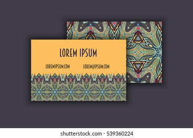 Vector vintage visiting card set. Floral mandala pattern and ornaments. Oriental design Layout. Islam, Arabic, Indian, ottoman motifs. Front page and back page.