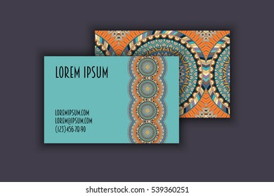 Vector vintage visiting card set. Floral mandala pattern and ornaments. Oriental design Layout. Islam, Arabic, Indian, ottoman motifs. Front page and back page.