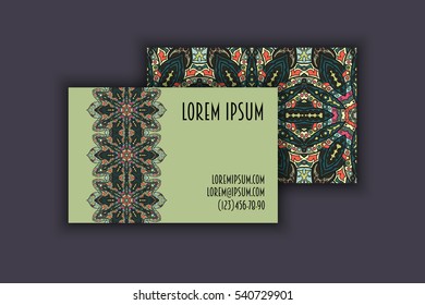 Vector vintage visiting card set. Floral mandala pattern and ornaments. Oriental design Layout. Islam, Arabic, Indian, ottoman motifs. Front page and back page.