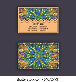 Vector vintage visiting card set. Floral mandala pattern and ornaments. Oriental design Layout. Islam, Arabic, Indian, ottoman motifs. Front page and back page.