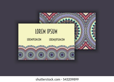 Vector vintage visiting card set. Floral mandala pattern and ornaments. Oriental design Layout. Islam, Arabic, Indian, ottoman motifs. Front page and back page.