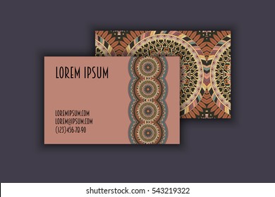 Vector vintage visiting card set. Floral mandala pattern and ornaments. Oriental design Layout. Islam, Arabic, Indian, ottoman motifs. Front page and back page.