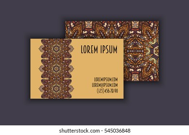 Vector vintage visiting card set. Floral mandala pattern and ornaments. Oriental design Layout. Islam, Arabic, Indian, ottoman motifs. Front page and back page.