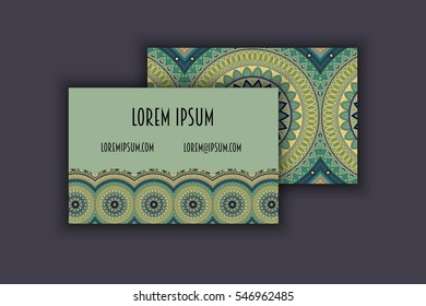Vector vintage visiting card set. Floral mandala pattern and ornaments. Oriental design Layout. Islam, Arabic, Indian, ottoman motifs. Front page and back page.