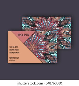 Vector vintage visiting card set. Floral mandala pattern and ornaments. Oriental design Layout. Islam, Arabic, Indian, ottoman motifs. Front page and back page.