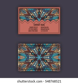 Vector vintage visiting card set. Floral mandala pattern and ornaments. Oriental design Layout. Islam, Arabic, Indian, ottoman motifs. Front page and back page.