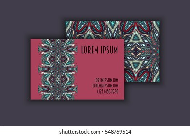 Vector vintage visiting card set. Floral mandala pattern and ornaments. Oriental design Layout. Islam, Arabic, Indian, ottoman motifs. Front page and back page.