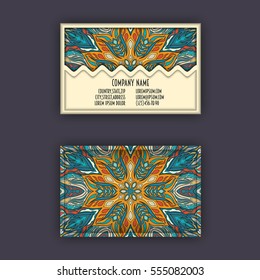 Vector vintage visiting card set. Floral mandala pattern and ornaments. Oriental design Layout. Islam, Arabic, Indian, ottoman motifs. Front page and back page.