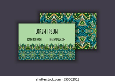 Vector vintage visiting card set. Floral mandala pattern and ornaments. Oriental design Layout. Islam, Arabic, Indian, ottoman motifs. Front page and back page.