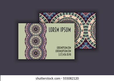 Vector vintage visiting card set. Floral mandala pattern and ornaments. Oriental design Layout. Islam, Arabic, Indian, ottoman motifs. Front page and back page.