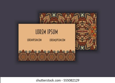 Vector vintage visiting card set. Floral mandala pattern and ornaments. Oriental design Layout. Islam, Arabic, Indian, ottoman motifs. Front page and back page.