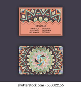 Vector vintage visiting card set. Floral mandala pattern and ornaments. Oriental design Layout. Islam, Arabic, Indian, ottoman motifs. Front page and back page.