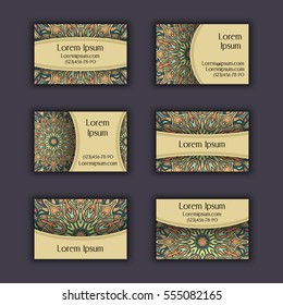 Vector vintage visiting card set. Floral mandala pattern and ornaments. Oriental design Layout. Islam, Arabic, Indian, ottoman motifs. Front page and back page.