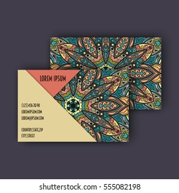 Vector vintage visiting card set. Floral mandala pattern and ornaments. Oriental design Layout. Islam, Arabic, Indian, ottoman motifs. Front page and back page.