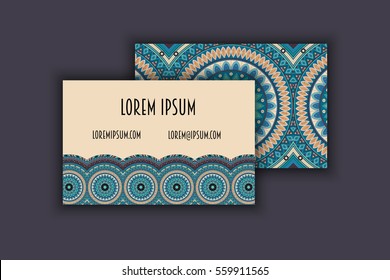 Vector vintage visiting card set. Floral mandala pattern and ornaments. Oriental design Layout. Islam, Arabic, Indian, ottoman motifs. Front page and back page.