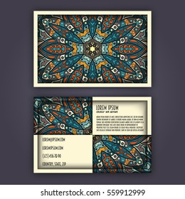 Vector vintage visiting card set. Floral mandala pattern and ornaments. Oriental design Layout. Islam, Arabic, Indian, ottoman motifs. Front page and back page.