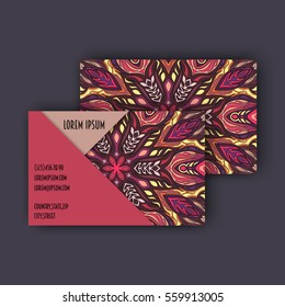 Vector vintage visiting card set. Floral mandala pattern and ornaments. Oriental design Layout. Islam, Arabic, Indian, ottoman motifs. Front page and back page.