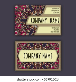 Vector vintage visiting card set. Floral mandala pattern and ornaments. Oriental design Layout. Islam, Arabic, Indian, ottoman motifs. Front page and back page.