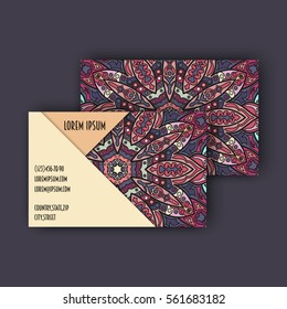 Vector vintage visiting card set. Floral mandala pattern and ornaments. Oriental design Layout. Islam, Arabic, Indian, ottoman motifs. Front page and back page.
