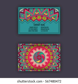 Vector vintage visiting card set. Floral mandala pattern and ornaments. Oriental design Layout. Islam, Arabic, Indian, ottoman motifs. Front page and back page.
