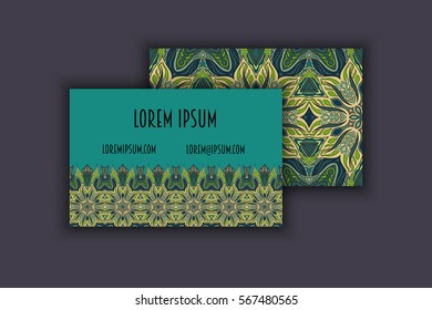 Vector vintage visiting card set. Floral mandala pattern and ornaments. Oriental design Layout. Islam, Arabic, Indian, ottoman motifs. Front page and back page.