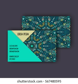 Vector vintage visiting card set. Floral mandala pattern and ornaments. Oriental design Layout. Islam, Arabic, Indian, ottoman motifs. Front page and back page.