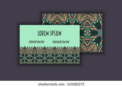 Vector vintage visiting card set. Floral mandala pattern and ornaments. Oriental design Layout. Islam, Arabic, Indian, ottoman motifs. Front page and back page.