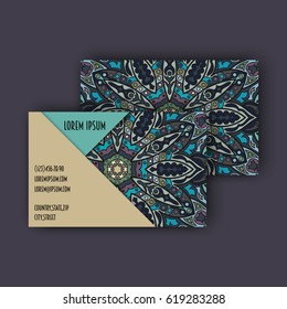 Vector vintage visiting card set. Floral mandala pattern and ornaments. Oriental design Layout. Islam, Arabic, Indian, ottoman motifs. Front page and back page.