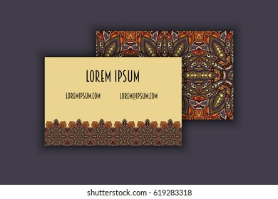 Vector vintage visiting card set. Floral mandala pattern and ornaments. Oriental design Layout. Islam, Arabic, Indian, ottoman motifs. Front page and back page.
