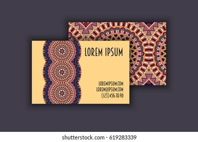 Vector vintage visiting card set. Floral mandala pattern and ornaments. Oriental design Layout. Islam, Arabic, Indian, ottoman motifs. Front page and back page.