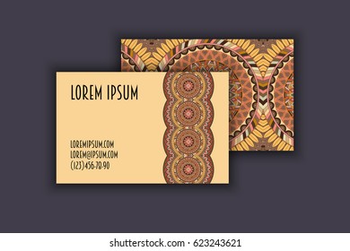 Vector vintage visiting card set. Floral mandala pattern and ornaments. Oriental design Layout. Islam, Arabic, Indian, ottoman motifs. Front page and back page.
