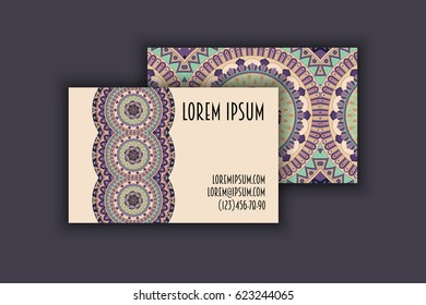 Vector vintage visiting card set. Floral mandala pattern and ornaments. Oriental design Layout. Islam, Arabic, Indian, ottoman motifs. Front page and back page.