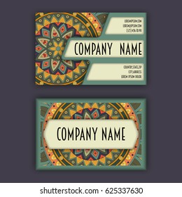 Vector vintage visiting card set. Floral mandala pattern and ornaments. Oriental design Layout. Islam, Arabic, Indian, ottoman motifs. Front page and back page.
