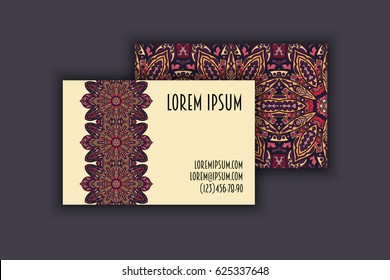 Vector vintage visiting card set. Floral mandala pattern and ornaments. Oriental design Layout. Islam, Arabic, Indian, ottoman motifs. Front page and back page.