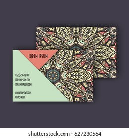 Vector vintage visiting card set. Floral mandala pattern and ornaments. Oriental design Layout. Islam, Arabic, Indian, ottoman motifs. Front page and back page.