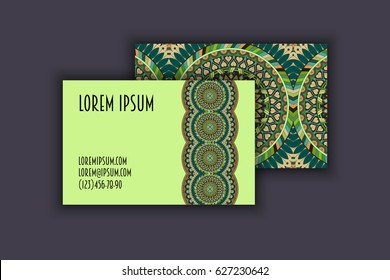 Vector vintage visiting card set. Floral mandala pattern and ornaments. Oriental design Layout. Islam, Arabic, Indian, ottoman motifs. Front page and back page.