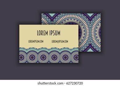 Vector vintage visiting card set. Floral mandala pattern and ornaments. Oriental design Layout. Islam, Arabic, Indian, ottoman motifs. Front page and back page.