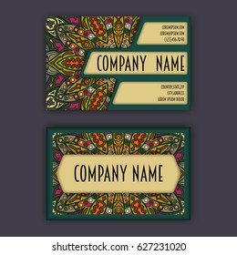 Vector vintage visiting card set. Floral mandala pattern and ornaments. Oriental design Layout. Islam, Arabic, Indian, ottoman motifs. Front page and back page.