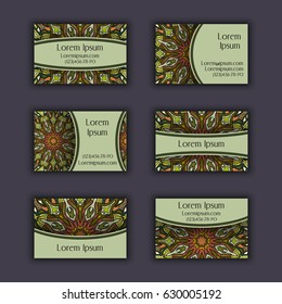 Vector vintage visiting card set. Floral mandala pattern and ornaments. Oriental design Layout. Islam, Arabic, Indian, ottoman motifs. Front page and back page.