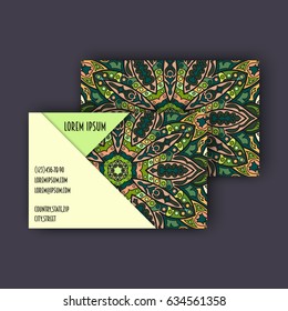 Vector vintage visiting card set. Floral mandala pattern and ornaments. Oriental design Layout. Islam, Arabic, Indian, ottoman motifs. Front page and back page.