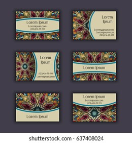Vector vintage visiting card set. Floral mandala pattern and ornaments. Oriental design Layout. Islam, Arabic, Indian, ottoman motifs. Front page and back page.