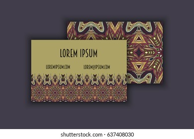 Vector vintage visiting card set. Floral mandala pattern and ornaments. Oriental design Layout. Islam, Arabic, Indian, ottoman motifs. Front page and back page.