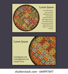 Vector vintage visiting card set. Floral mandala pattern and ornaments. Oriental design Layout. Islam, Arabic, Indian, ottoman motifs. Front page and back page.
