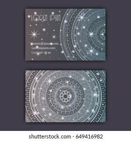 Vector vintage visiting card set. Glowing shiny floral mandala pattern and ornaments. Luxury design