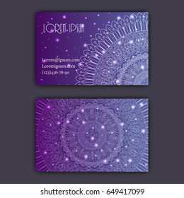 Vector vintage visiting card set. Glowing shiny floral mandala pattern and ornaments. Luxury design